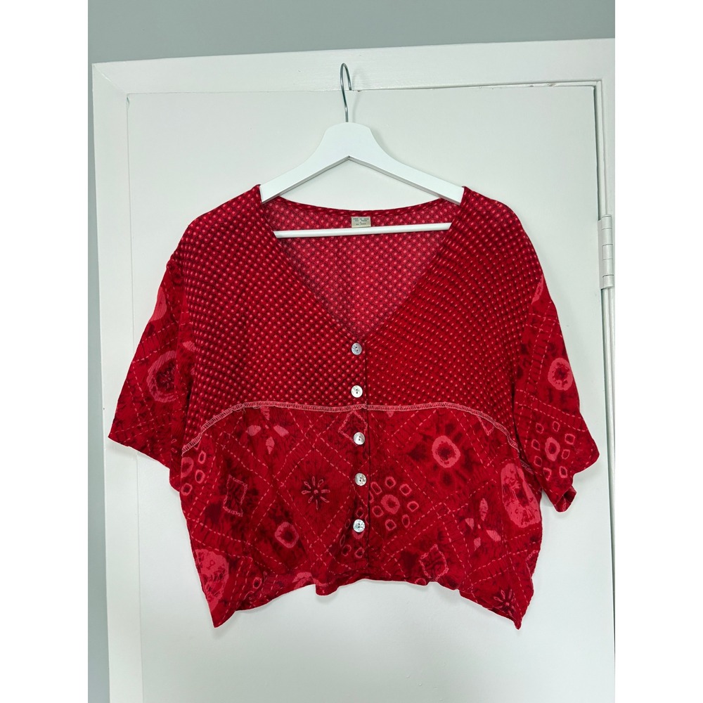 Boho Short Sleeve Button Up Crop Top Large Red Boho Mixed Print Rayon